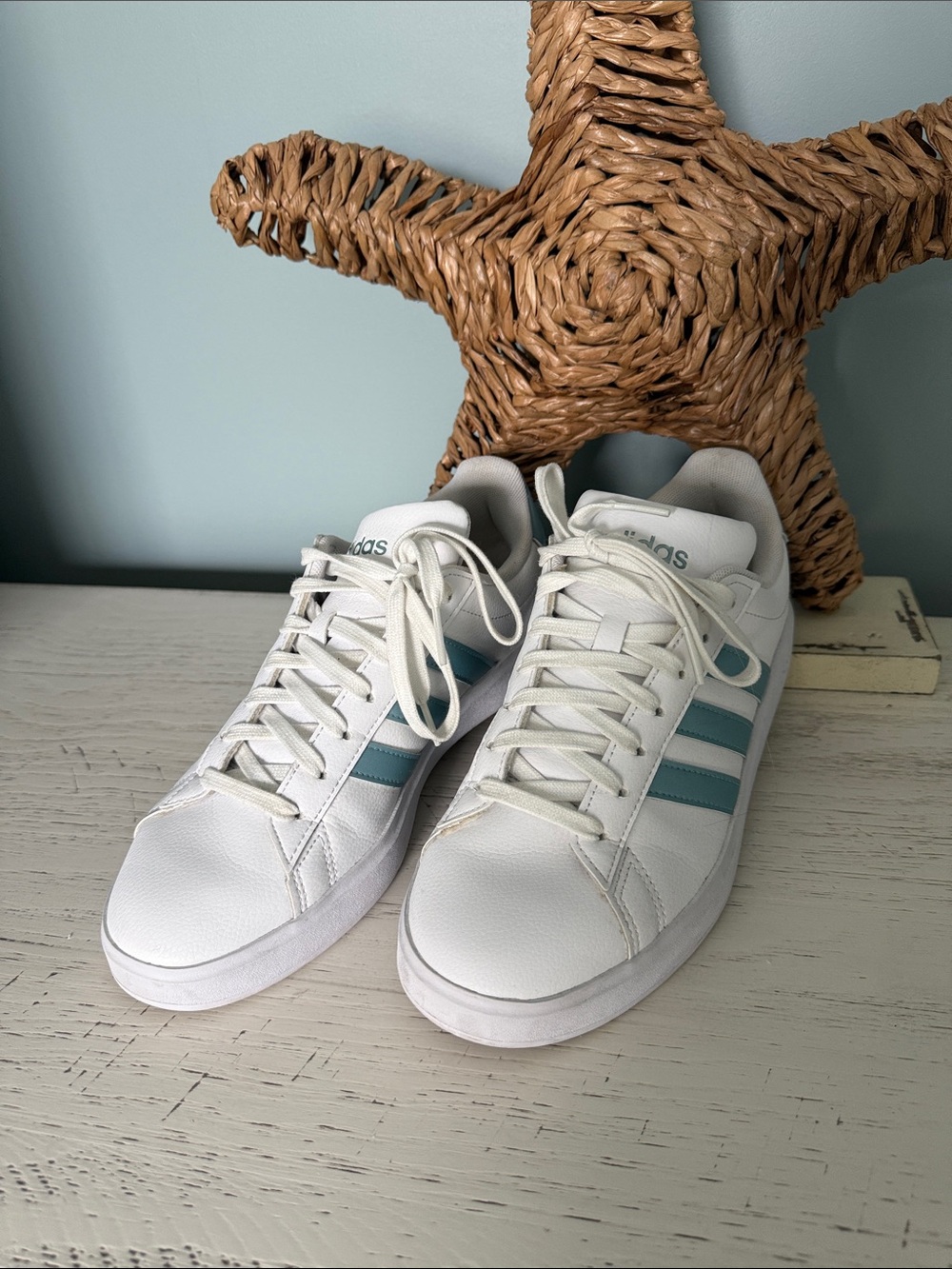 adidas Women’s White Sneakers with Teal Stripes